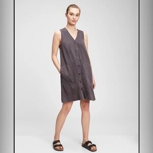 Gap Khaki Button Front Lagenlook Tank Dress Cotton Tencel Pockets Petite S
